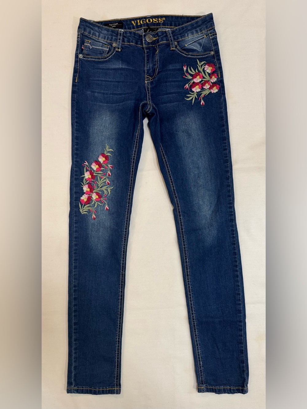 Vigoss Dark Blue Skinny Jeans with Pink Floral Embroidery